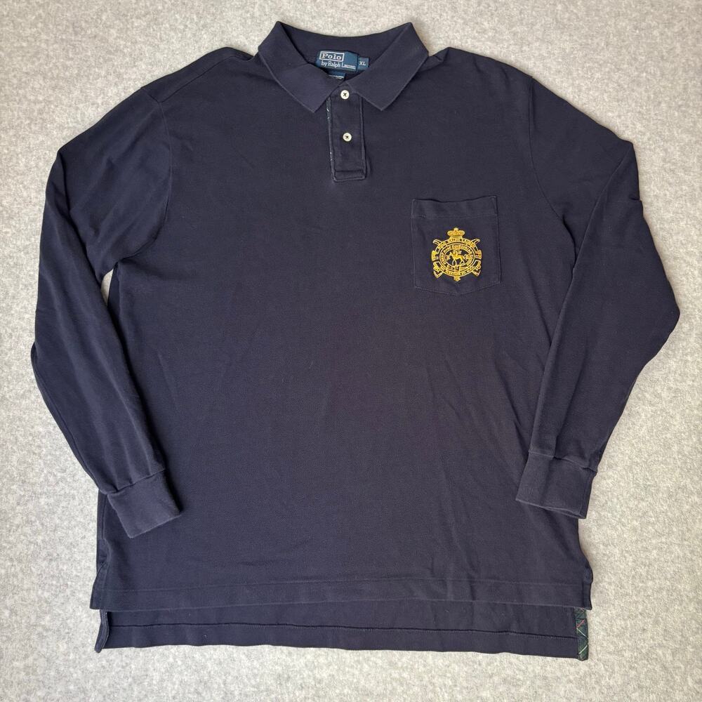 VINTAGE Polo Ralph Lauren Men's XL Blue Long Sleeve Equestrian Crest Pique